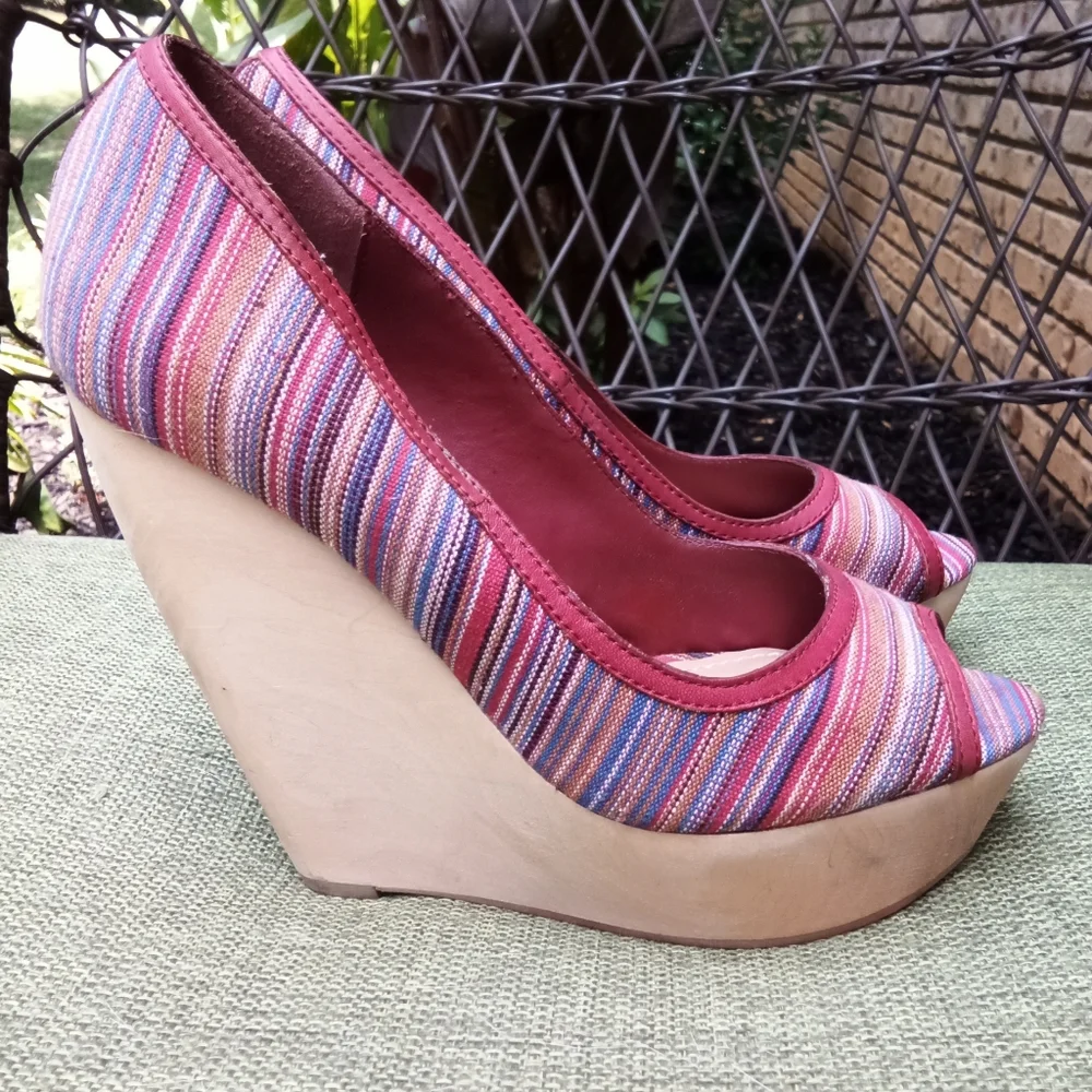 True Religion Regan Retro Striped Peep Toe Wedges